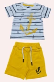 Erkek Bebek Çapa Baskılı Kısa Kol Çizgili Tişört Sarı Şortlu Takım thumbnail 2