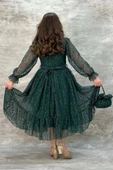 Kız Çocuk Kolları ve Yakası Şeffaf Tül ve Fırfır Detaylı Yeşil Elbise thumbnail 3