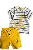 Erkek Bebek Çapa Baskılı Kısa Kol Çizgili Tişört Sarı Şortlu Takım thumbnail 1