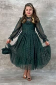 Kız Çocuk Kolları ve Yakası Şeffaf Tül ve Fırfır Detaylı Yeşil Elbise thumbnail 1