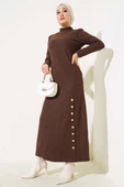 Etek Düğmeli Fitilli Elbise Kahve thumbnail 1