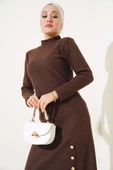 Etek Düğmeli Fitilli Elbise Kahve thumbnail 2
