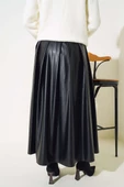 Pileli Deri Kloş Etek Siyah - 3