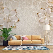 Gold-Beyaz Çiçek Desenli Modern Duvar Kağıdı Baskı - 1