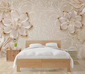 Gold-Beyaz Çiçek Desenli Modern Duvar Kağıdı Baskı - 2