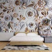 3 Boyutlu Gold-Beyaz Çiçek ve Yaprak Desenli Modern Duvar Kağıdı Baskı - 2