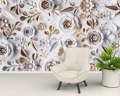 3 Boyutlu Gold-Beyaz Çiçek ve Yaprak Desenli Modern Duvar Kağıdı Baskı - 5
