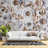 3 Boyutlu Gold-Beyaz Çiçek ve Yaprak Desenli Modern Duvar Kağıdı Baskı - 1