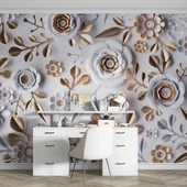 3 Boyutlu Gold-Beyaz Çiçek ve Yaprak Desenli Modern Duvar Kağıdı Baskı - 4