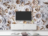 3 Boyutlu Gold-Beyaz Çiçek ve Yaprak Desenli Modern Duvar Kağıdı Baskı - 3