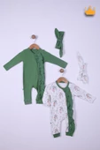 Babyhola %100 Pamuk Yeşil Çiçekli 2'li Tulum Saç Bandı 4'lü Set 458 - 1