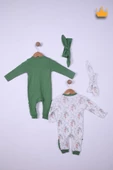 Babyhola %100 Pamuk Yeşil Çiçekli 2'li Tulum Saç Bandı 4'lü Set 458 - 8