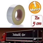 Düz Desensiz Metalize Gri Renk Reflektörlü Bant Gece Parlayan En 5 cm 1 Mt İkaz Bandı Reflektif thumbnail 1