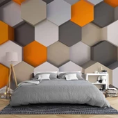3 Boyutlu Antrasit Turuncu Altıgen Duvar Kağıdı Baskı thumbnail 2