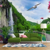 Şelale, Göl ve Martı Manzaralı Duvar Kağıdı thumbnail 1