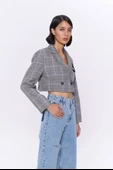 Kareli Çift Düğmeli Crop Blazer Ceket Gri - 2