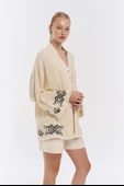 Sırtı Göz Baskılı Püsküllü Keten Kimono Naturel - 2