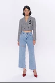 Kareli Çift Düğmeli Crop Blazer Ceket Gri - 3