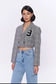 Kareli Çift Düğmeli Crop Blazer Ceket Gri - 1