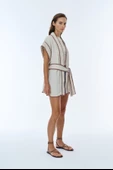İşleme Detaylı Bağlamalı Keten Kimono Naturel - 3
