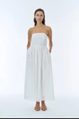 Fisto Detaylı Straplez Midi Elbise Ekru - 1