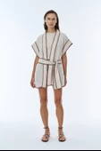 İşleme Detaylı Bağlamalı Keten Kimono Naturel - 1