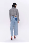 Kareli Çift Düğmeli Crop Blazer Ceket Gri - 4