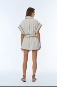 İşleme Detaylı Bağlamalı Keten Kimono Naturel - 4