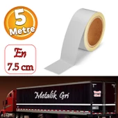 Düz Desensiz En 7.5 cm 5 Mt İkaz Bandı Reflektif Metalize Gri Renk Gece Parlayan Reflektörlü Bant - 1