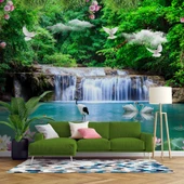 Şelale, Göl ve Orman Manzaralı Duvar Kağıdı Baskı thumbnail 1