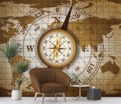 Dünya Haritası Zeminli Pusula Duvar Kağıdı Baskı thumbnail 5