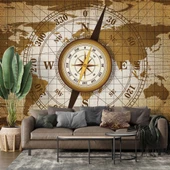 Dünya Haritası Zeminli Pusula Duvar Kağıdı Baskı thumbnail 1