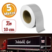 Düz Desensiz En 10 cm 5 Mt İkaz Bandı Reflektif Metalize Gri Renk Gece Parlayan Reflektörlü Bant thumbnail 1