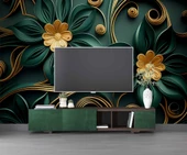 Gold-Zümrüt Yeşili Çiçek Temalı Duvar Kağıdı Baskı thumbnail 3