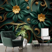 Gold-Zümrüt Yeşili Çiçek Temalı Duvar Kağıdı Baskı thumbnail 6
