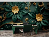 Gold-Zümrüt Yeşili Çiçek Temalı Duvar Kağıdı Baskı thumbnail 4
