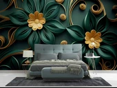 Gold-Zümrüt Yeşili Çiçek Temalı Duvar Kağıdı Baskı thumbnail 2
