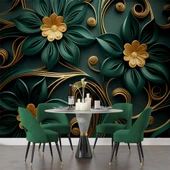 Gold-Zümrüt Yeşili Çiçek Temalı Duvar Kağıdı Baskı thumbnail 5