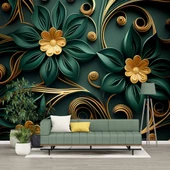 Gold-Zümrüt Yeşili Çiçek Temalı Duvar Kağıdı Baskı thumbnail 1