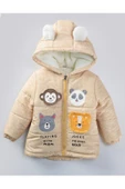 Yeni Hayvan Desenli Kulaklı Soft Kumaş Fermuarlı Kapüşonlu Kışlık İçi Peluş Erkek Bebek Mont Şişme - 1