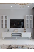 Myniture Home & Living Festival Tv Ünitesi G3001-1 Beyaz Parlak Gold detaylı Minifiks Bağlantı Tv Sehpası ve Duvar Rafı - 2