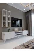 Myniture Home & Living Festival Tv Ünitesi S3000-1 Beyaz Parlak Silver detaylı Minifiks Bağlantı Tv Sehpası ve Duvar Rafı thumbnail 1
