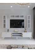 Myniture Home & Living Festival Tv Ünitesi G3006-1 Beyaz Parlak Gold detaylı Minifiks Bağlantı Tv Sehpası ve Duvar Rafı thumbnail 2