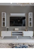 Myniture Home & Living Festival Tv Ünitesi G3009-1 Beyaz Parlak Gold detaylı Minifiks Bağlantı Tv Sehpası ve Duvar Rafı thumbnail 2