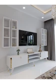 Myniture Home & Living Festival Tv Ünitesi G3001-1 Beyaz Parlak Gold detaylı Minifiks Bağlantı Tv Sehpası ve Duvar Rafı - 1