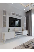 Myniture Home & Living Festival Tv Ünitesi G3006-1 Beyaz Parlak Gold detaylı Minifiks Bağlantı Tv Sehpası ve Duvar Rafı thumbnail 1