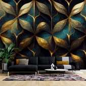 Gold-Mavi Desenli Duvar Kağıdı Baskı - 1