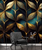 Gold-Mavi Desenli Duvar Kağıdı Baskı - 6