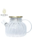 Çelik Kapaklı Borosilikat Dilimli Model Süzgeçli Cam Demlik Bitki Çayları 1000 Ml Royaleks-CM-2001 - 1