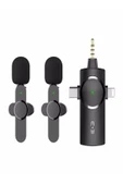ULTRATEKNO 3in1 Çiftli Type-c - Lightning - 3.5 Mm Girişli Profesyonel Wireless Kablosuz Yaka Mikrofonu - 1